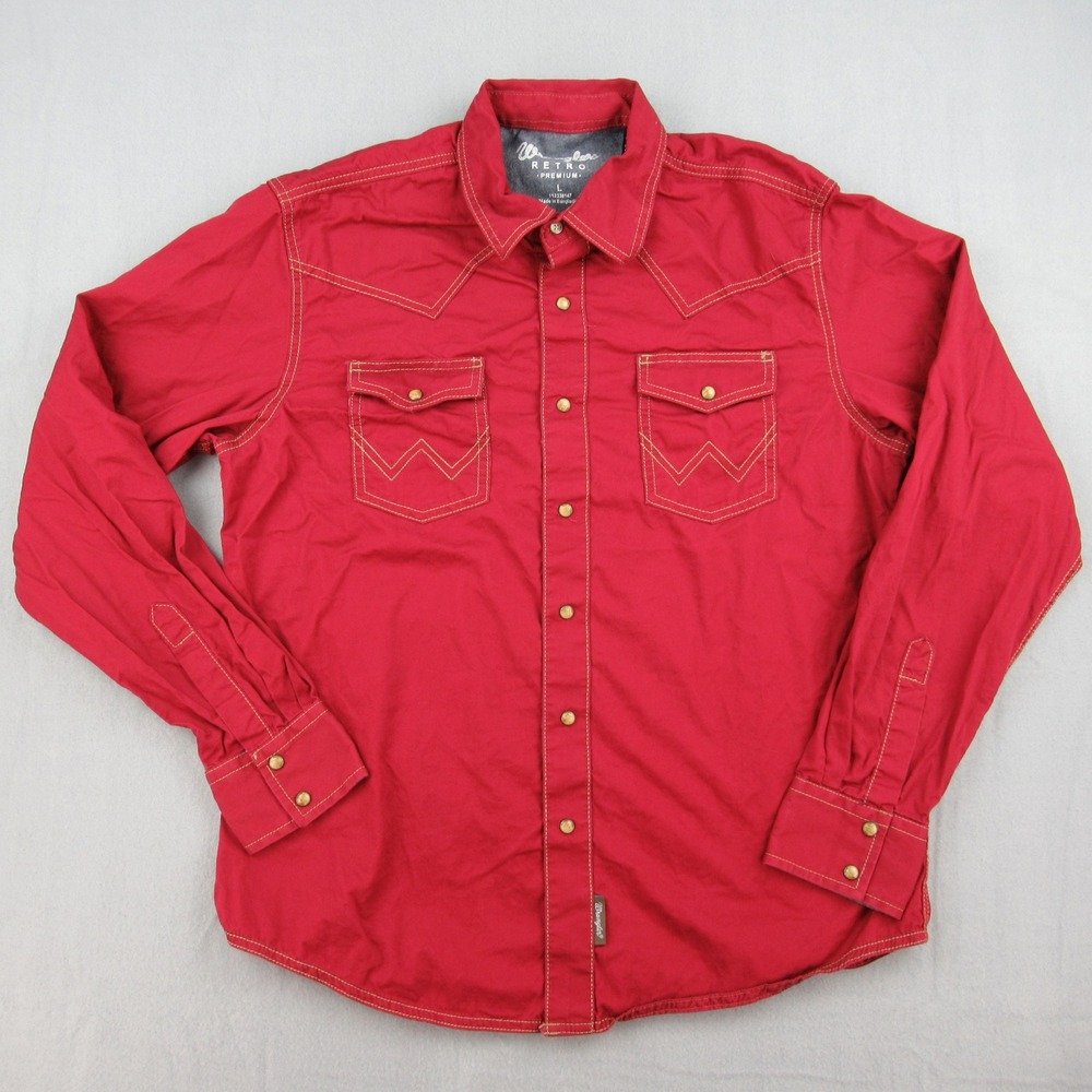 Wrangler Retro Premium Shirt Mens L Red Western Snap Pearl Long Sleeve Cotton
